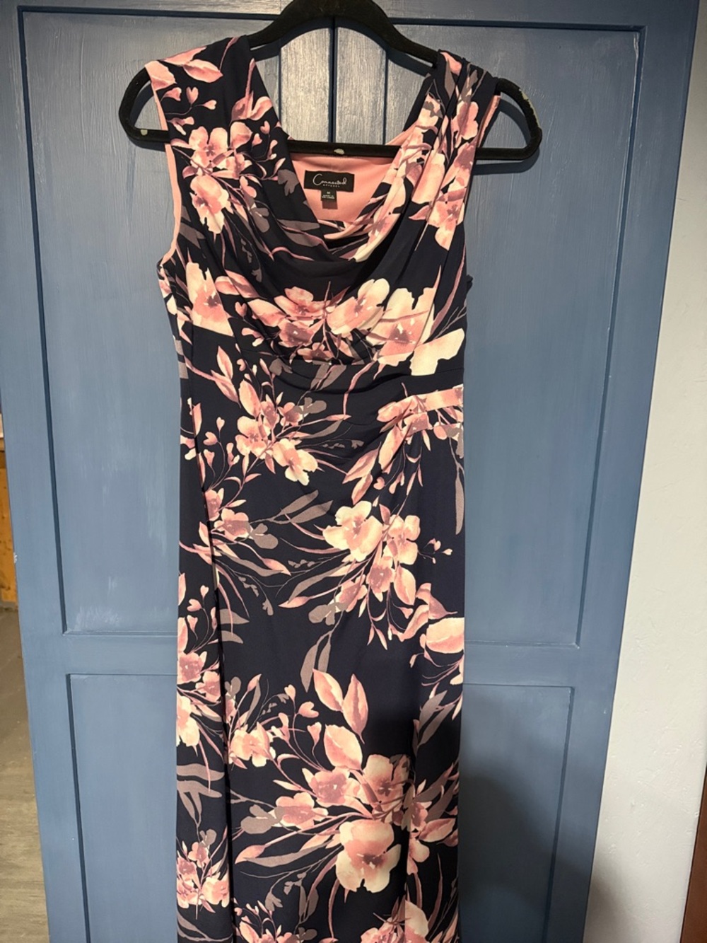 CONNECTED Navy and Pink Floral Midi Dress with Cowl Neck